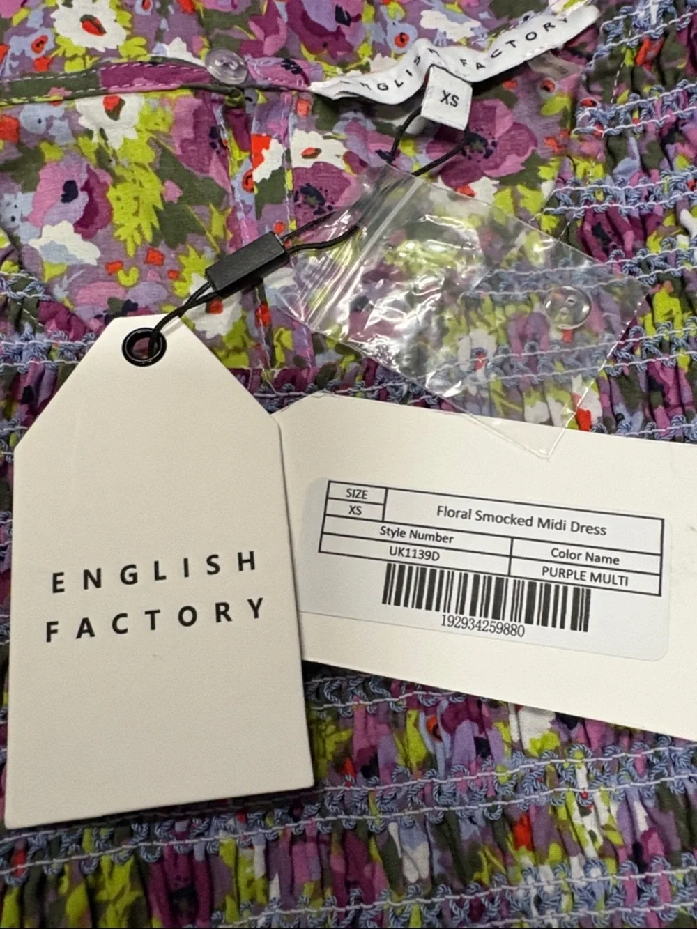 NWT English Factory Floral Smocked Midi Dress - XS purple multi - Picture 7 of 8